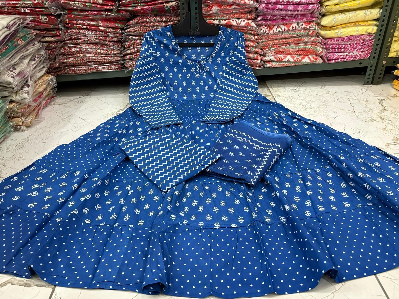 Indigo Blue Cotton Anarkali Suit with Dupatta